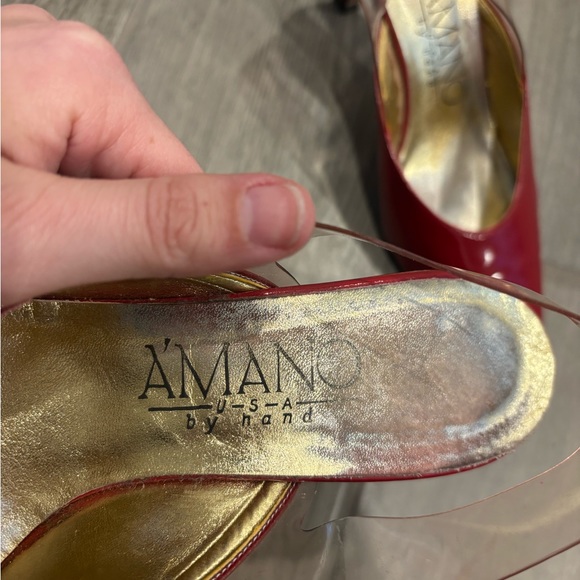 Vintage Y2K red pointed toe heels genuine leather with clear plastic slingback - Picture 5 of 7